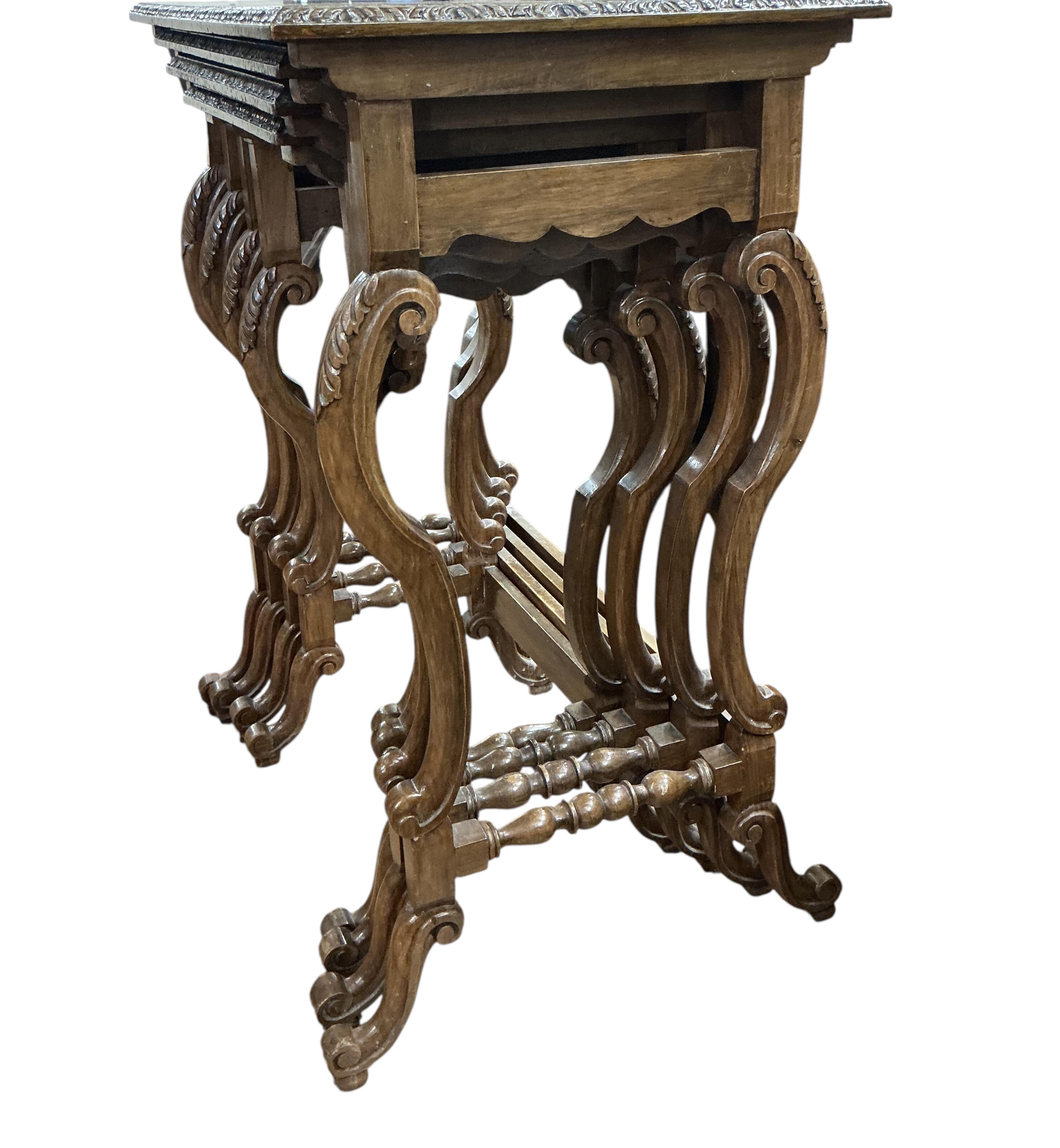 A quartetto of early 20th century rectangular burr walnut tables, width 57cm, depth 37cm, height 70cm